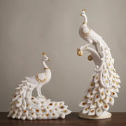 White and gold peacock sculpture with detailed feather patterns for home decor by decorbites golden phoenix peacock collection