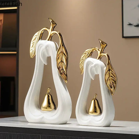 White and gold pear ceramic desk ornament with gold leaf metallic accents for living room decorbites gold pear decor