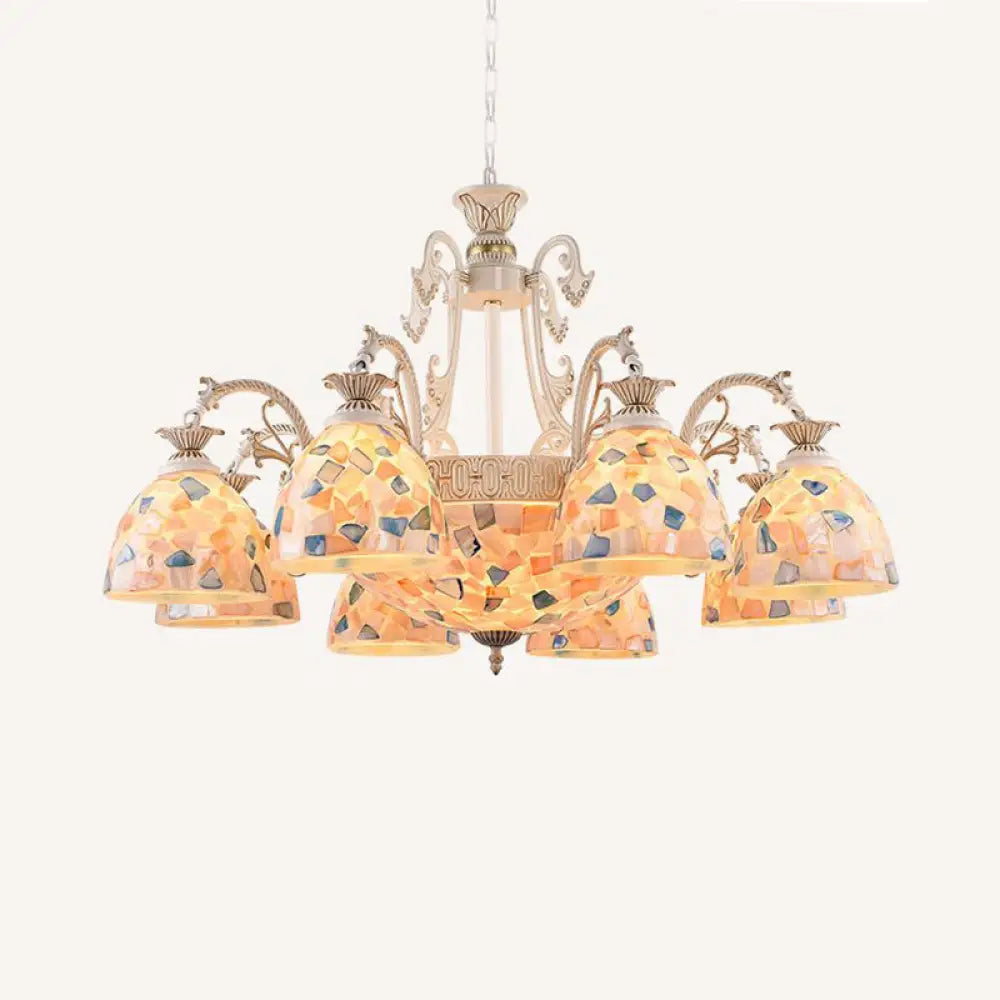 White and Gold Stained Glass Tiffany Pendant Chandelier - Dome Design with 3/5/9 Lights - Ceiling Lighting