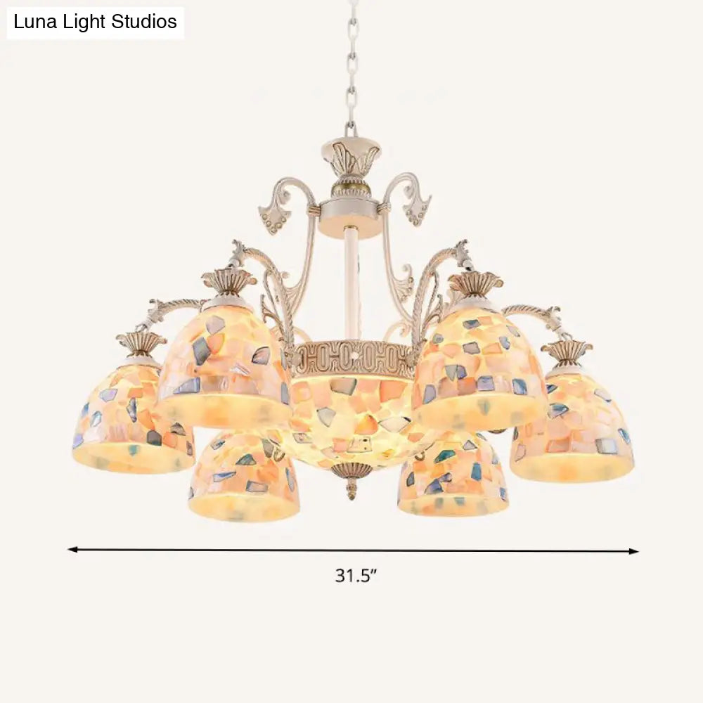 White and Gold Stained Glass Tiffany Pendant Chandelier - Dome Design with 3/5/9 Lights - Ceiling Lighting