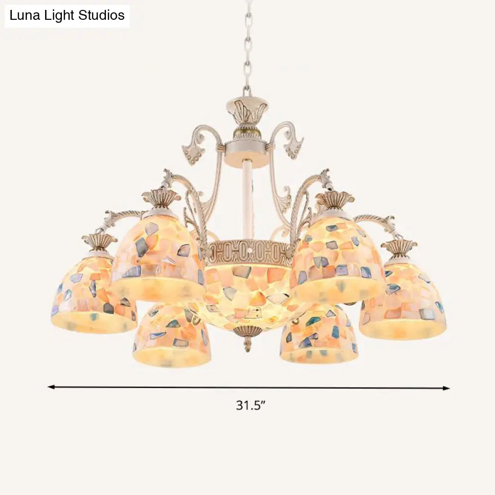 White and Gold Stained Glass Tiffany Pendant Chandelier - Dome Design with 3/5/9 Lights - Ceiling Lighting