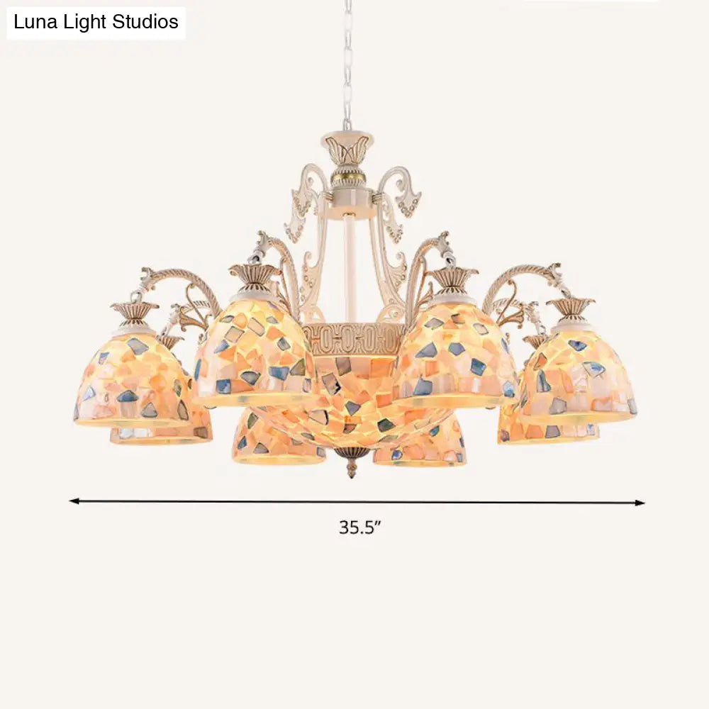 White and Gold Stained Glass Tiffany Pendant Chandelier - Dome Design with 3/5/9 Lights - Ceiling Lighting