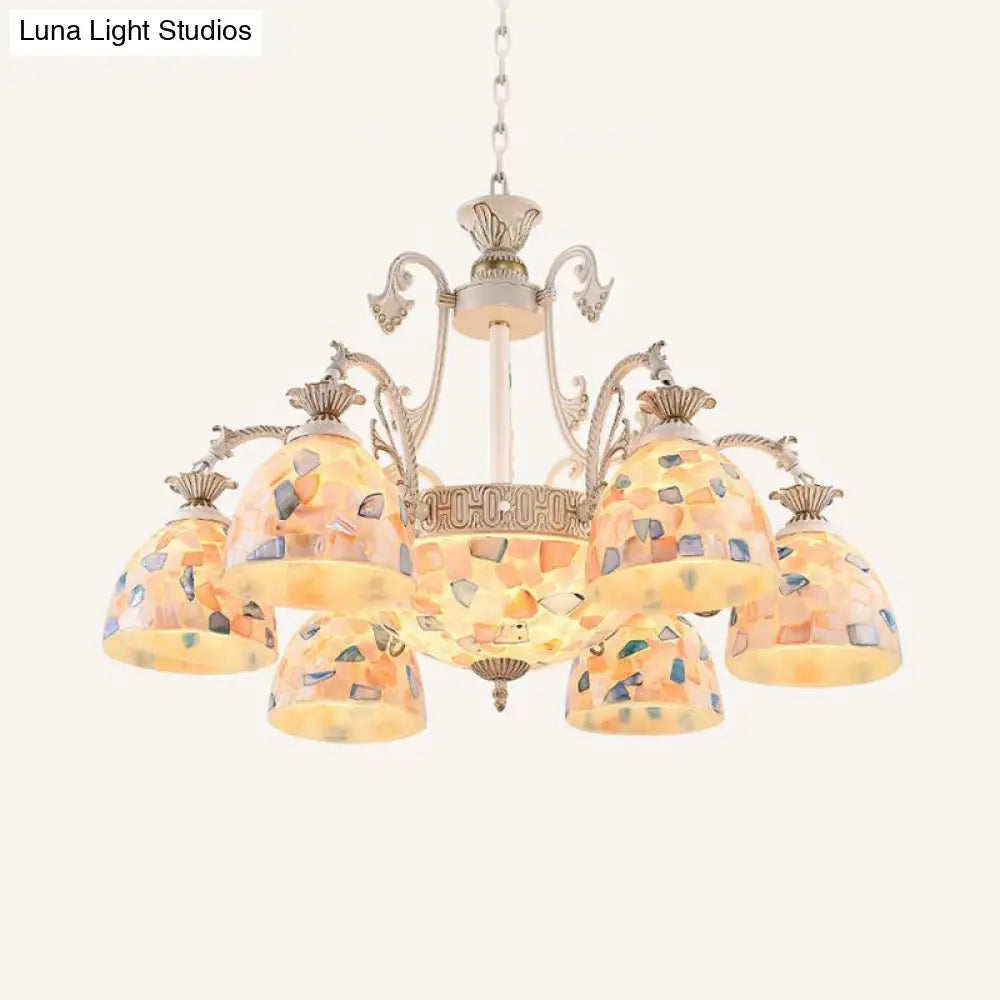 White and Gold Stained Glass Tiffany Pendant Chandelier - Dome Design with 3/5/9 Lights - Ceiling Lighting