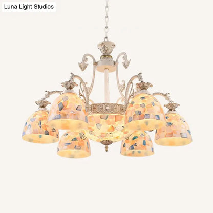 White and Gold Stained Glass Tiffany Pendant Chandelier - Dome Design with 3/5/9 Lights - Ceiling Lighting