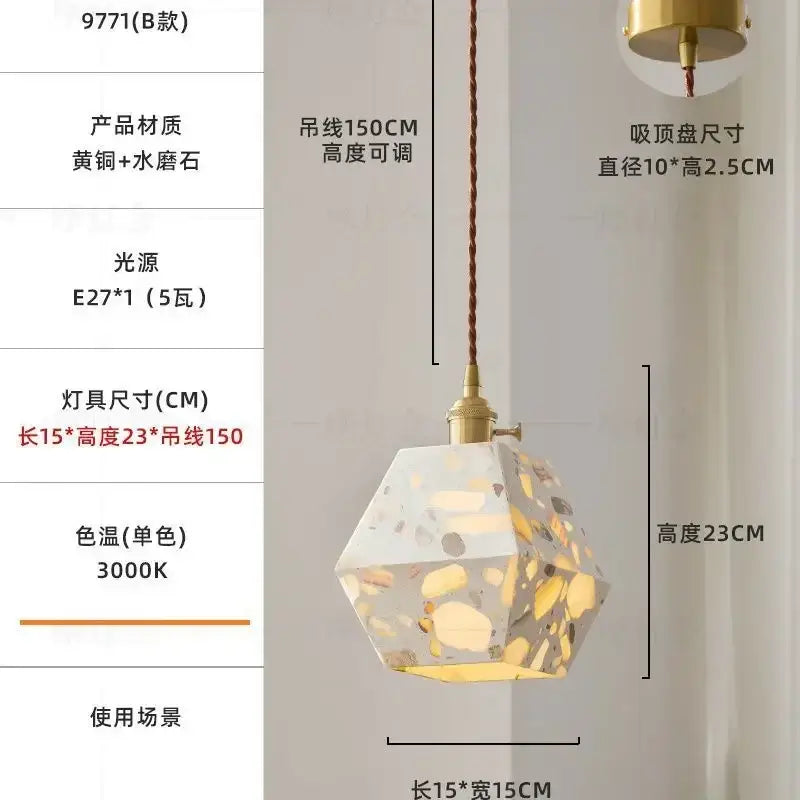 White and gold terrazzo cement marble chandelier with cut-out patterns and brass accents for dining room decorbites table lamp
