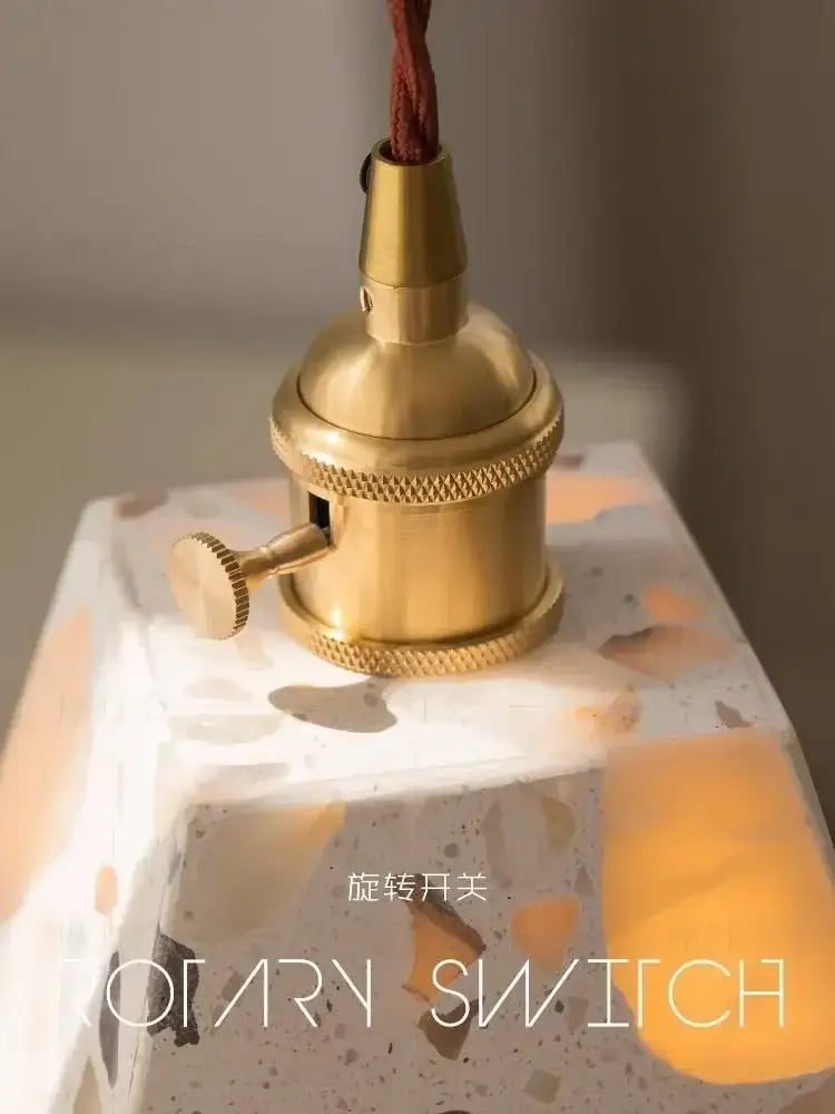 White and gold terrazzo cement marble chandelier with brass rotary switch and red braided cord for dining room decorbites table lamp