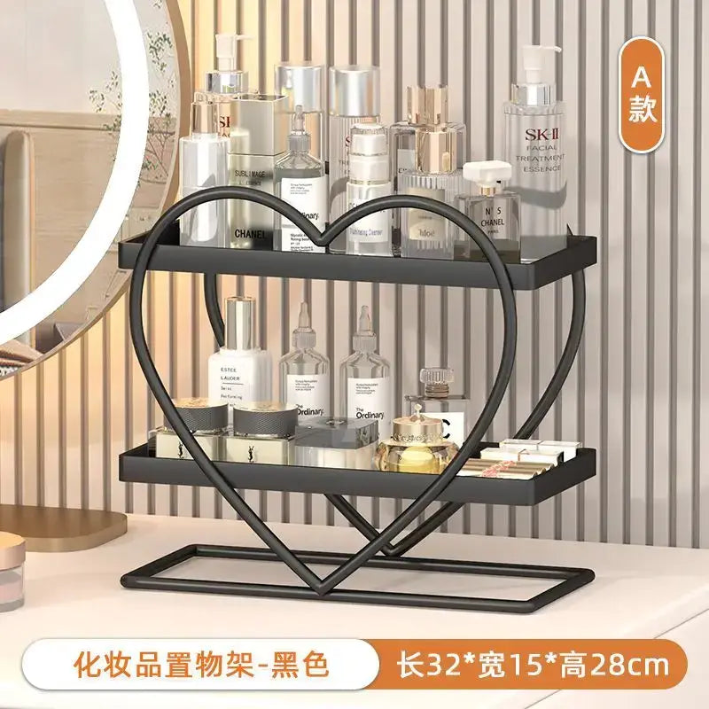 Black heart-shaped metal two-tier makeup organizer with sleek modern design for decorbites golden makeup collection