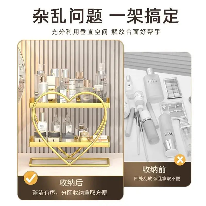 Gold heart-shaped metal shelf with two tiers for organizing cosmetics as decorbites golden makeup organizer