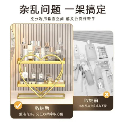 Gold heart-shaped metal shelf with two tiers for organizing cosmetics as decorbites golden makeup organizer