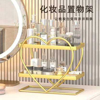 Gold heart-shaped metal makeup organizer with two tiers for bedroom storage decorbites golden makeup organizer