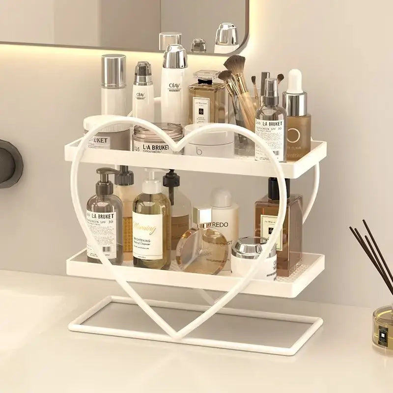 White heart-shaped two-tier plastic bathroom organizer with minimalist frame for decorbites golden makeup storage