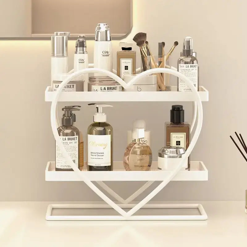 White heart-shaped two-tiered shelf organizer with golden accents decorbites golden makeup bedroom organizer