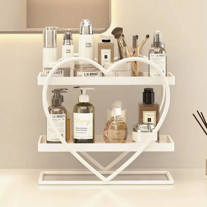 White heart-shaped two-tiered shelf organizer with golden accents decorbites golden makeup bedroom organizer