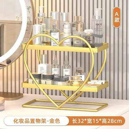 White and golden metal makeup organizer with two tiers heart shape by decorbites golden makeup for bedroom decor