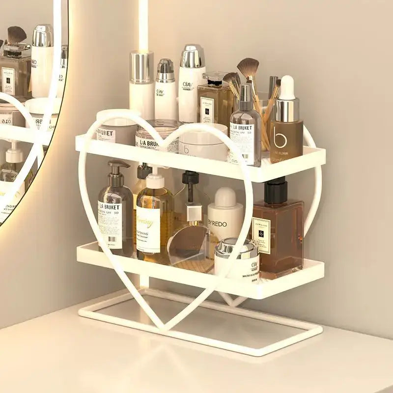 White heart-shaped two-tiered metal shelf by decorbites golden makeup organizer for bedroom decor and storage
