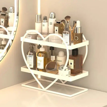 White heart-shaped two-tiered metal shelf by decorbites golden makeup organizer for bedroom decor and storage