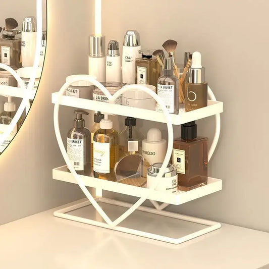 White heart-shaped two-tiered metal shelf by decorbites golden makeup organizer for bedroom decor and storage