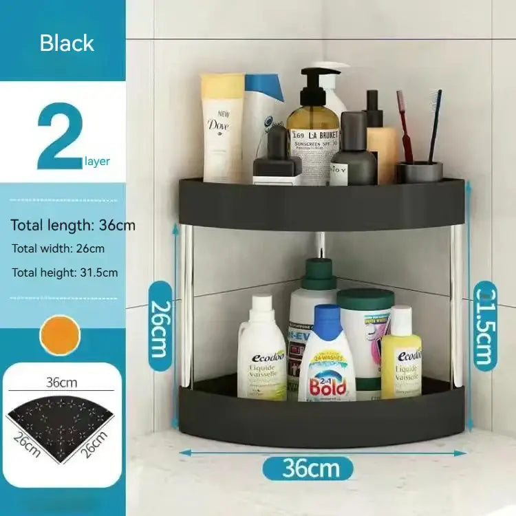 Black two-layer corner shelf with chrome metal frame and plastic shelves for rolling cart storage rack organization