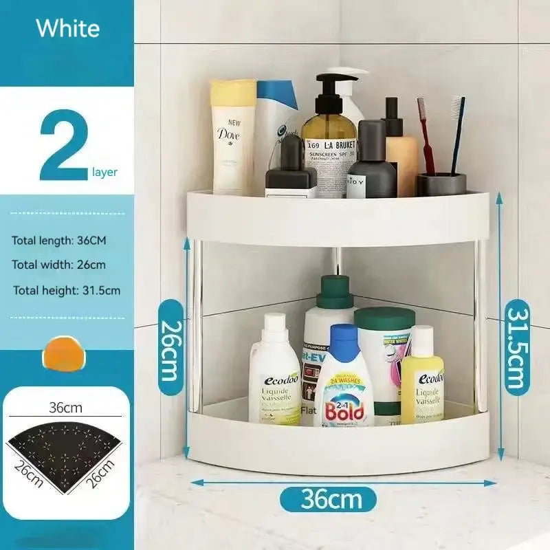 White two-layer corner shelf with curved design and transparent panels as part of a rolling cart storage rack for kitchen organizing