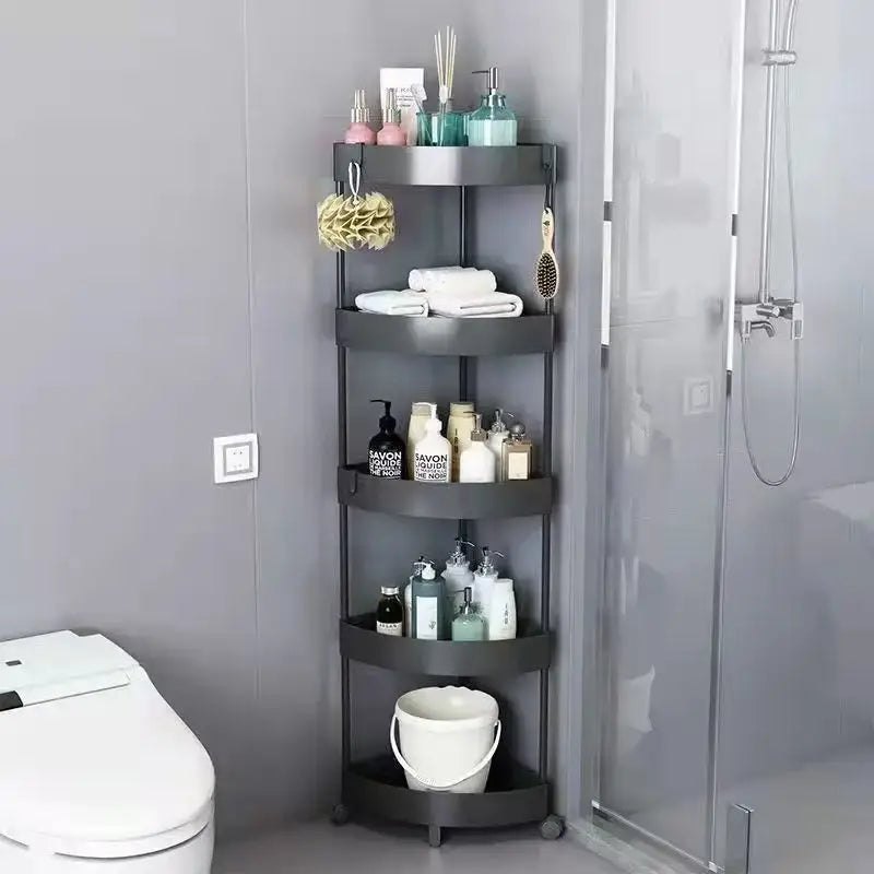 Dark gray four-tiered rolling cart storage rack with rounded edges and small wheels for kitchen organizing