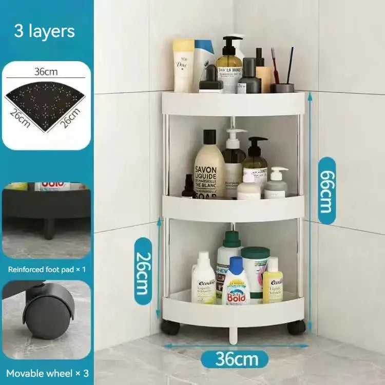 White and gray three-tiered rolling cart storage rack with wheels and reinforced foot pad for kitchen organizing