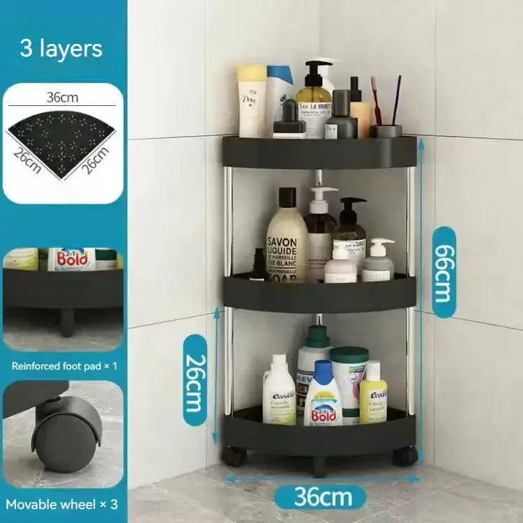 Black three-tiered corner cart storage rack with wheels and reinforced foot pads for kitchen organizing
