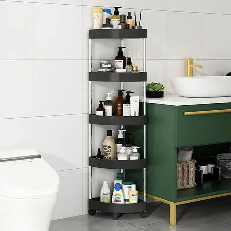 Black multi-tiered cart storage rack with rotating shelves and wheels for rolling cart storage in kitchen organizing
