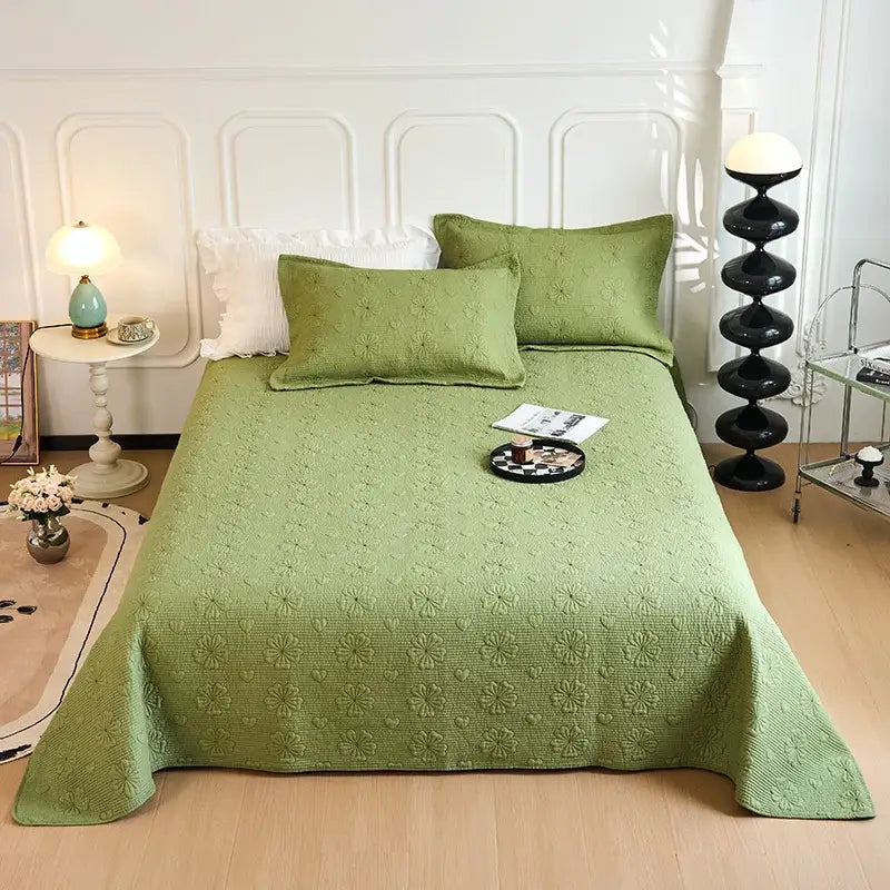 Green floral-patterned decorbites cotton quilted embroidered bedspread set with textured design for bedroom decor