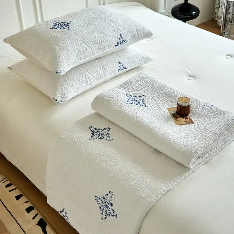 White and gray blue decorbites cotton quilted embroidered bedspread set with delicate blue floral embroidery