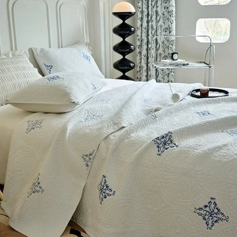 White and gray blue cotton quilted embroidered bedspread set with intricate blue floral embroidery decorbites cotton quilted
