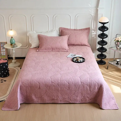 Pink quilted bedspread with subtle leaf pattern in white and gray blue decorbites cotton quilted embroidered set