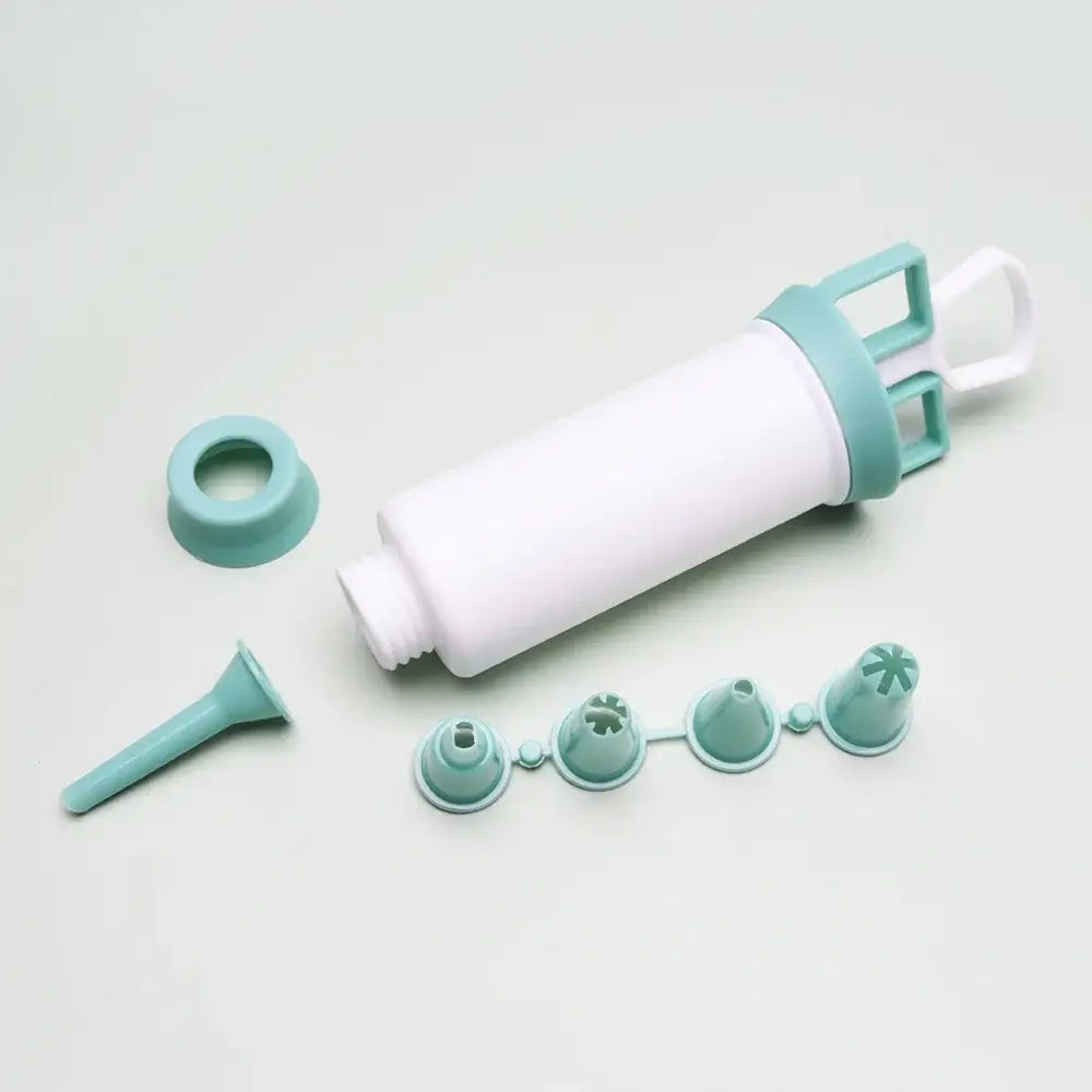 White and gray silicone cream decorating gun with handle and interchangeable tips for decorbites cake cream use