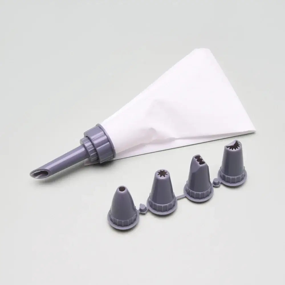 Gray plastic pastry piping bag with white liner and four gray silicone nozzles for decorbites cake cream decorating gun set
