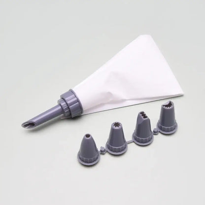 Gray plastic pastry piping bag with white liner and four gray silicone nozzles for decorbites cake cream decorating gun set