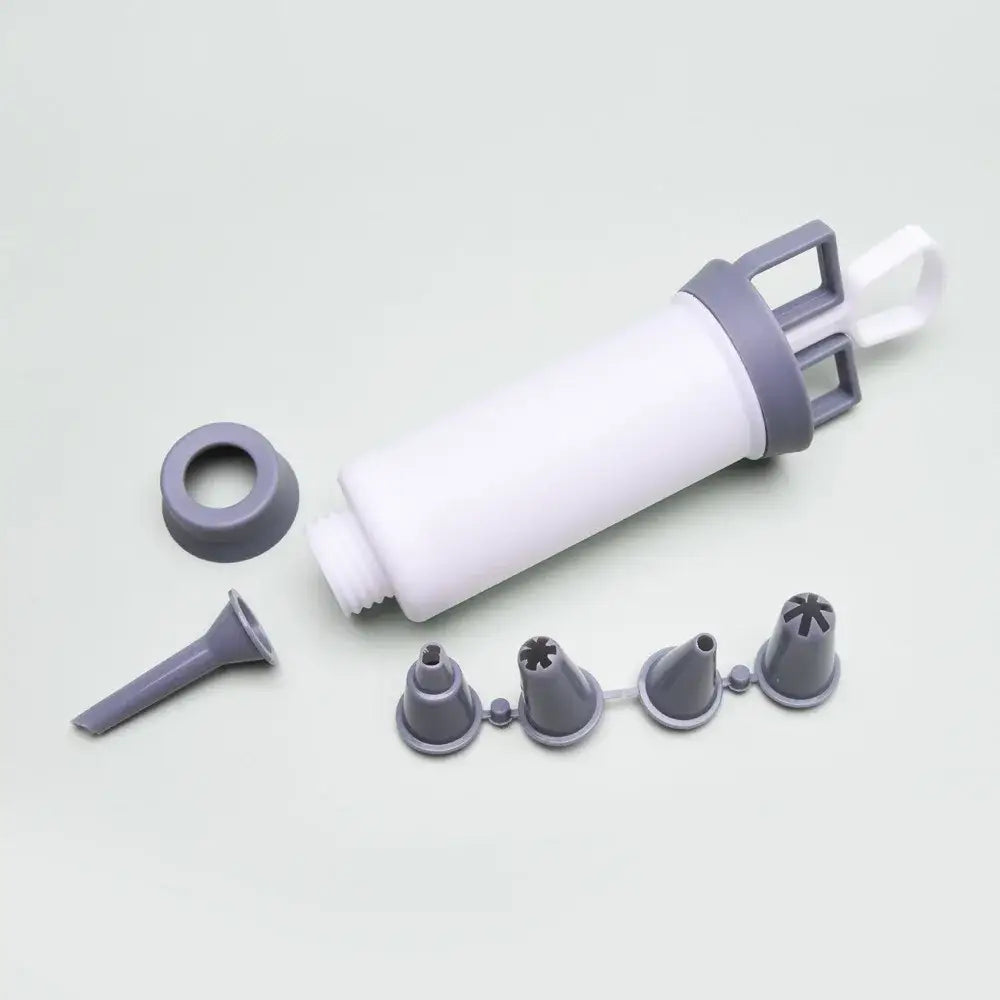 White and gray plastic cake cream decorating gun set with four interchangeable nozzles for decorbites cake cream use