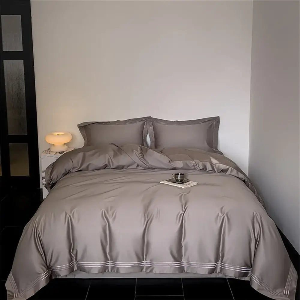 Gray satin bedding set with subtle white piping in egyptian cotton for decorbites 1200tc embroidered duvet cover