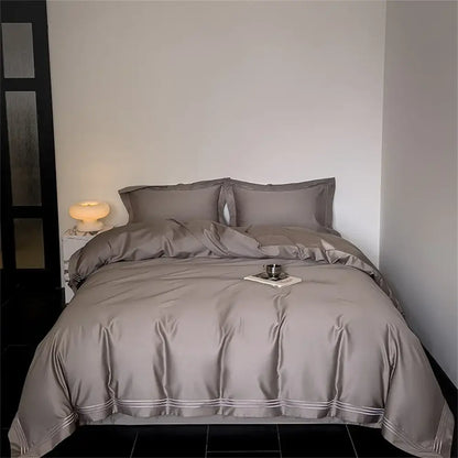 Gray satin bedding set with subtle white piping in egyptian cotton for decorbites 1200tc embroidered duvet cover