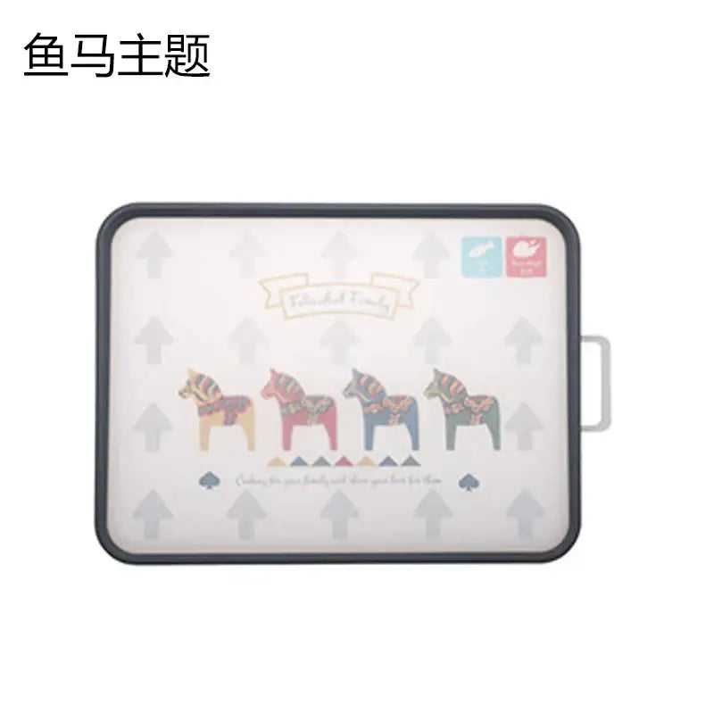 Rectangular cutting board with black frame and white surface featuring colorful dala horse and gray arrow patterns decorbites dual-use chopping block