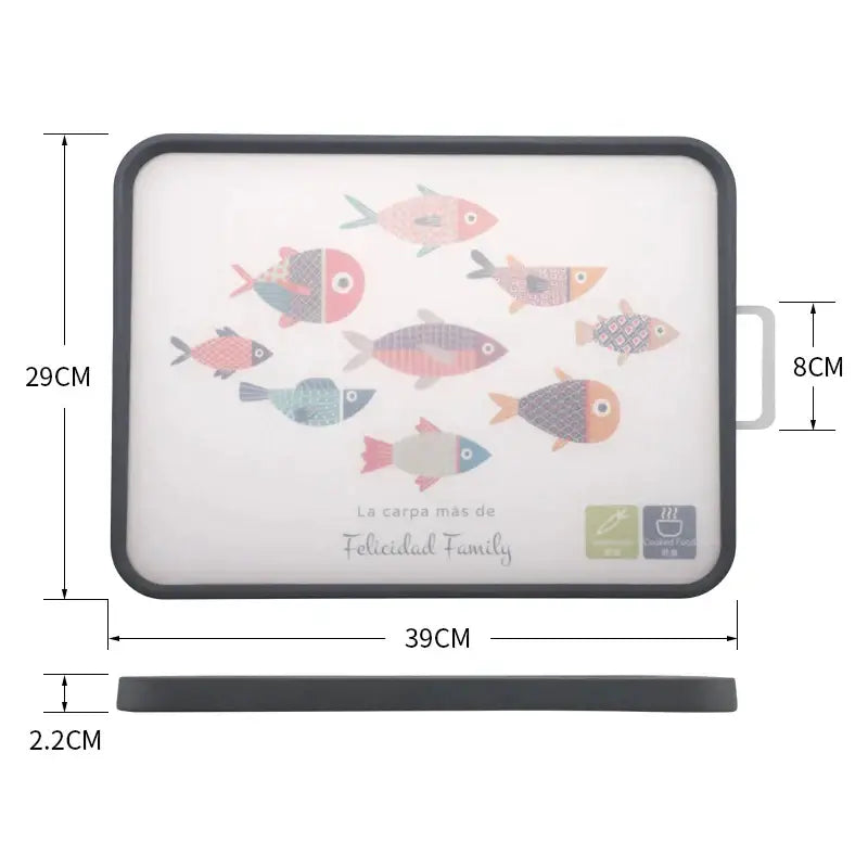 Rectangular chopping block with a black frame featuring colorful pink blue and orange fish illustrations on white for decorbites dual-use cutting