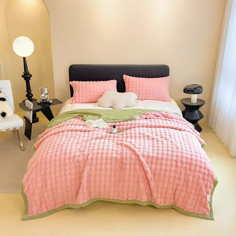 Pink and green textured plush quilted blanket with cartoon printed faux rabbit design for bedroom decorbites cartoon printed