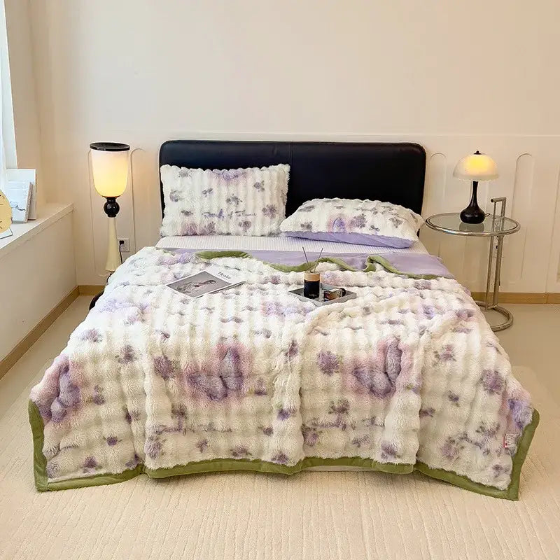 Fluffy lavender and white floral quilt with olive green trim featured in decorbites cartoon printed faux rabbit blanket
