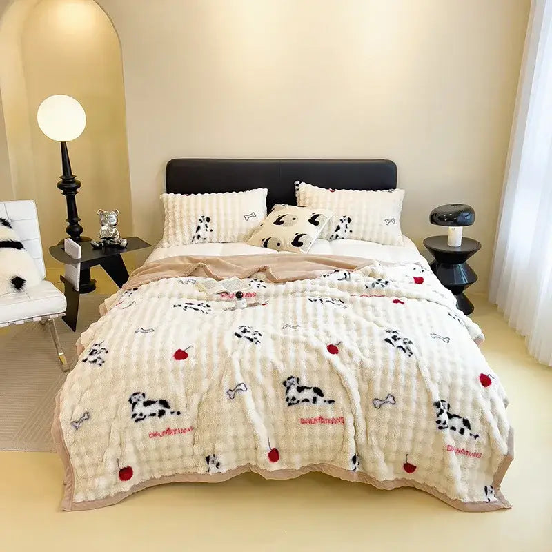Cream-colored plush quilt with decorbites cartoon printed faux rabbit featuring dalmatian dogs and red cherries for bedroom decor