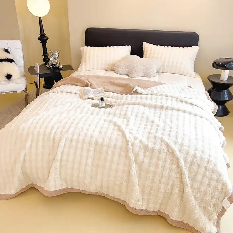 Cream-colored plush quilted blanket with soft texture and pink trim for decorbites cartoon printed faux rabbit bedroom decor