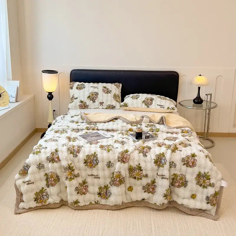 White and green cartoon printed faux rabbit plush blanket with fluffy white quilt and pastel floral decorbites cartoon printed texture