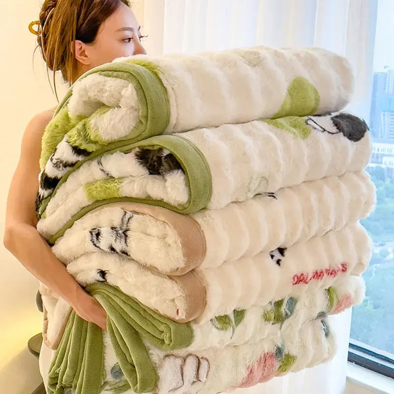 Stack of cream-colored cartoon printed faux rabbit plush blankets with green and black floral patterns for bedroom decorbites cartoon printed
