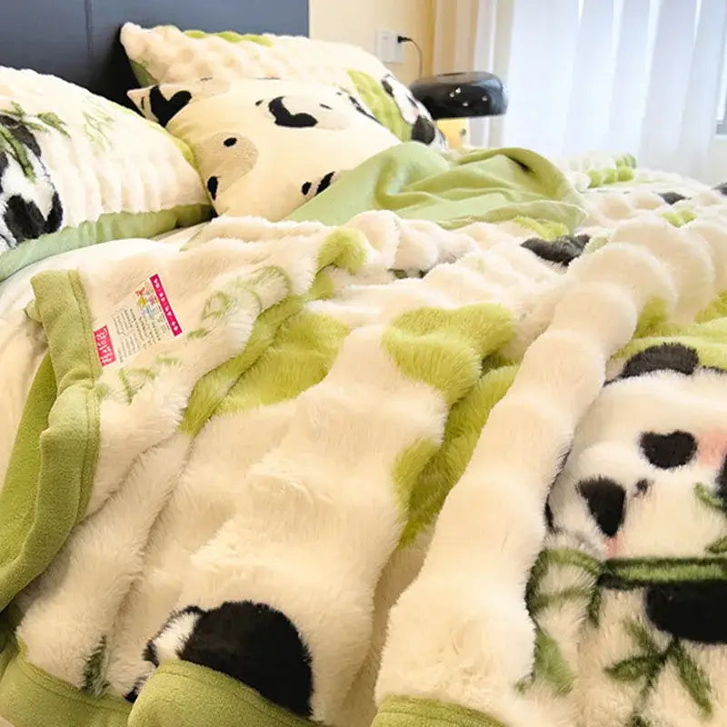 White and green cartoon printed faux rabbit plush blanket with fluffy soft texture for cozy bedroom decorbites cartoon printed