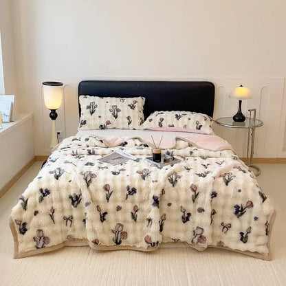 Cream-colored plush blanket with embroidered floral pattern in muted purples and pinks for decorbites cartoon printed faux rabbit bedroom
