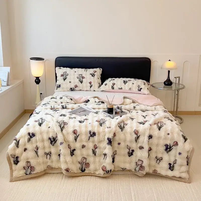 Cream-colored plush blanket with embroidered floral pattern in muted purples and pinks for decorbites cartoon printed faux rabbit bedroom