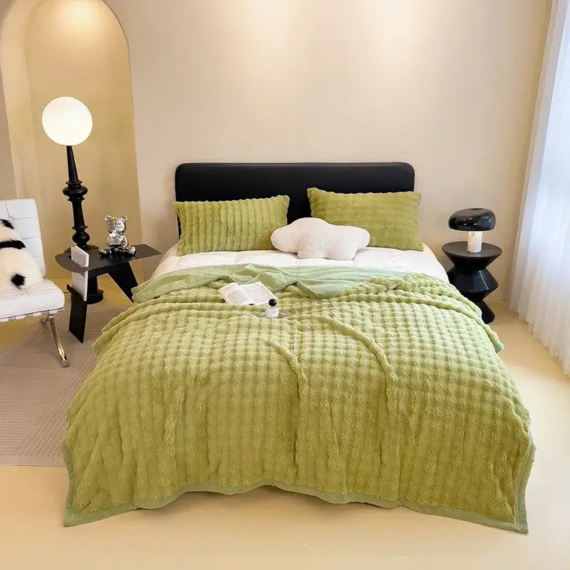 A soft lime green quilted blanket with a textured waffle pattern for decorbites cartoon printed faux rabbit plush bedroom