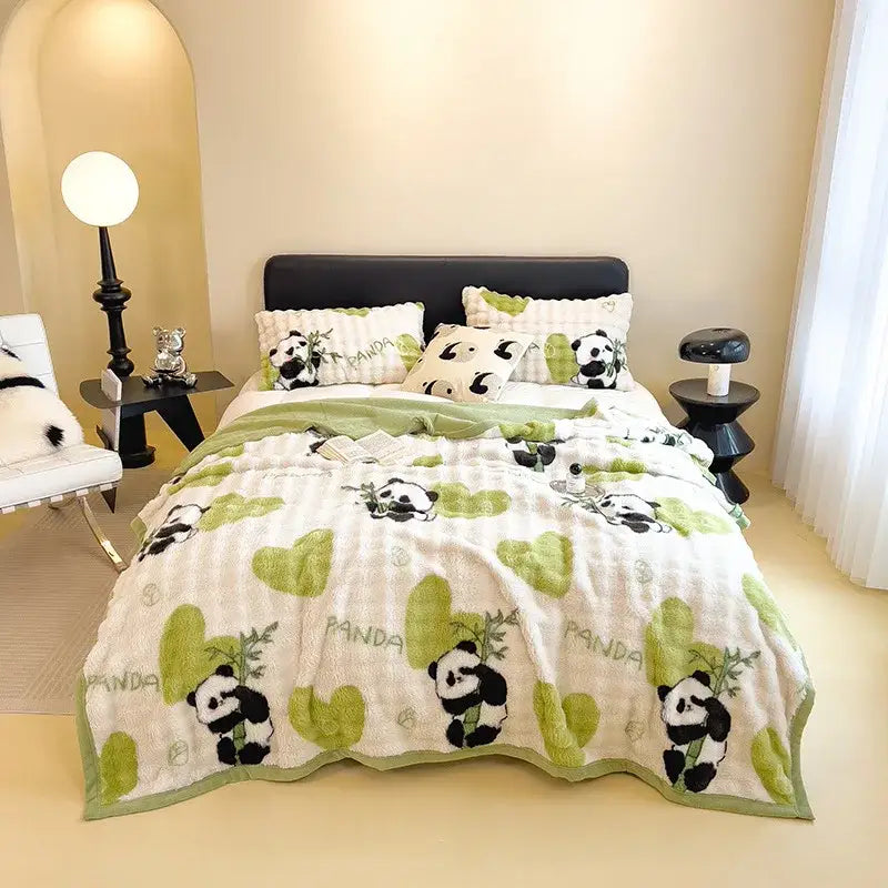 White and green cartoon printed faux rabbit plush blanket with fluffy texture and bamboo motifs for bedroom decorbites cartoon printed